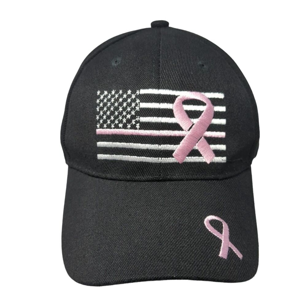 American Flag Pink Ribbon Strapback Hat Black One Size Adjustable